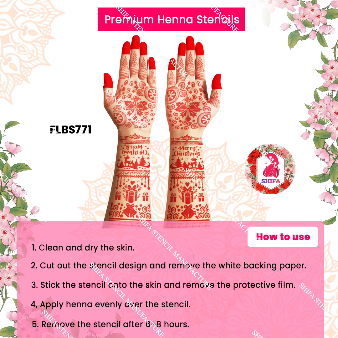 FLBS 771 Elegant Holiday Winter Stencil Art Double Hand Henna Stencil